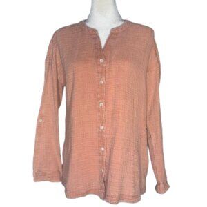 Pure Jill Long Sleeve Roll-Tab Sleeves Button-Down Cotton Top V-Neck Small